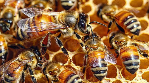 Wallpaper Mural A detailed macro shot showcasing honey bees clustered on a honeycomb structure in their hive. Torontodigital.ca