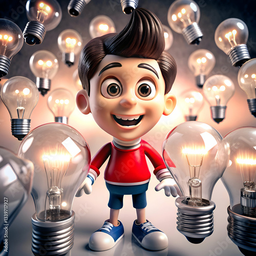 A cartoon boy surrounded by light bulbs represents a bright idea.