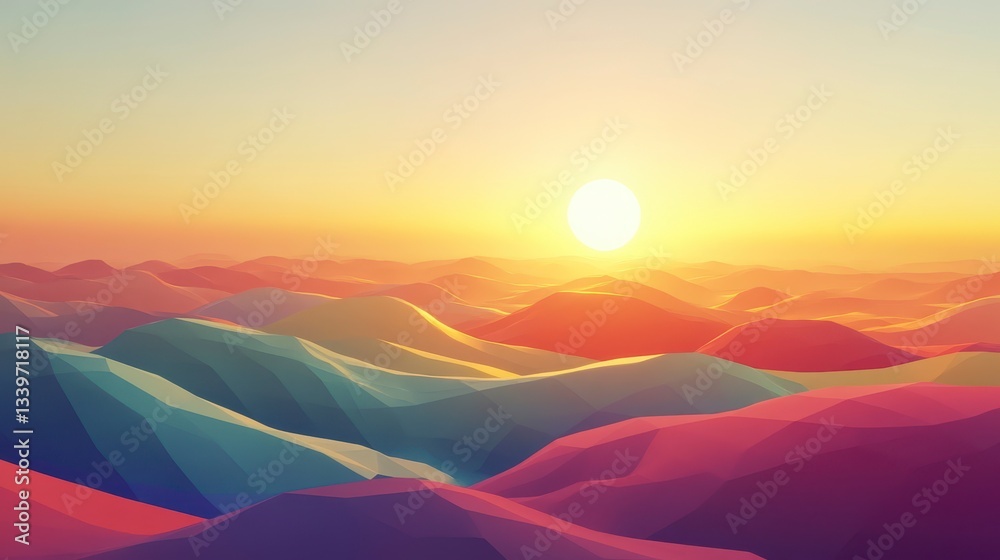 Low Poly Sunset Over Rolling Hills - Abstract Landscape Low Poly Sunset Over Rolling Hills - Abstract Landscape