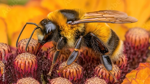A close-up shows a fuzzy bumblebee gathering pollen on a vibrant orange and red flower.