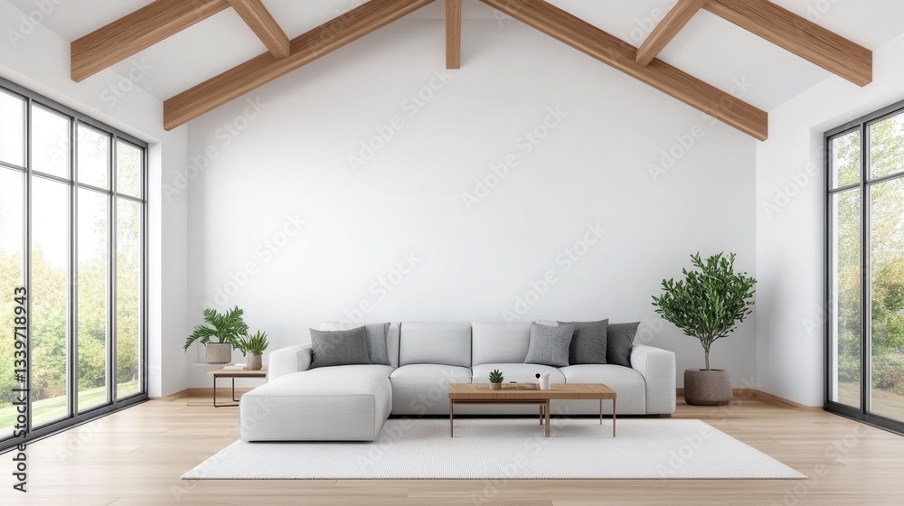 Fototapeta premium Modern Minimalist Living Room with Large Windows and Wooden Beams Showcasing Nature-Inspired Interior Design