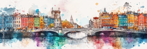 Dublin Watercolor Bridge and Cityscape - Vibrant watercolor painting of Dublin, Ireland. Symbolizing: urban beauty, architectural charm, riverside life, artistic expression, and Irish culture