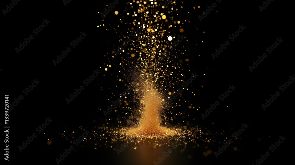 Abstract Golden Glitter Dust Explosion on Black Background - Festive Sparkle Burst of Gold Particles Texture for Digital Creative Abstract Golden Glitter Dust Explosion on Black Background - Festive Sparkle Burst of Gold Particles Texture for Digital Creative