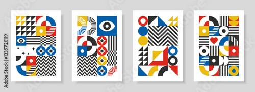 Abstract set with posters in retro bauhaus flat style. Vector illustration. Colorful designs with simple geometric shapes. Designs in retro style. Seamless pattern collection. 