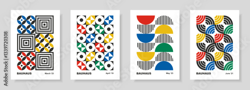 Abstract set with posters in retro bauhaus flat style. Vector illustration. Colorful designs with simple geometric shapes. Designs in retro style. Seamless pattern collection. 