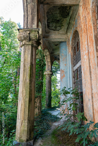 Ethereal Decay of an Abandoned Architectural Masterpiece
An enchanting view of an old, abandoned building with towering ornate columns, carved arches, and ivy creeping over peeling paint. Encased in l photo