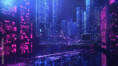 Futuristic Cityscape At Night Glowing Structures Colorful Lights Digital Technology Abstract Urban Scene Illustration Background Wallpaper Dynamic Perspective Modern Architecture Vibrant Cityscape