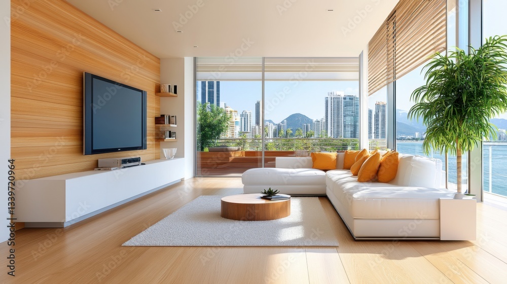 Fototapeta premium Modern bright living room with large windows overlooking cityscape, stylish furniture, and natural light