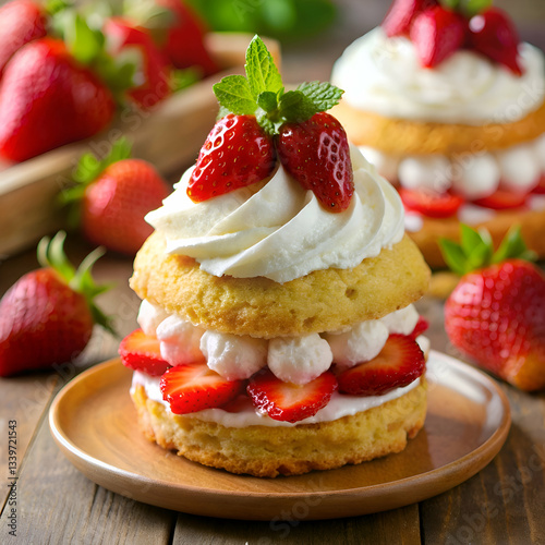 A close-up of a delicious strawberry shortcake on a wooden plate.