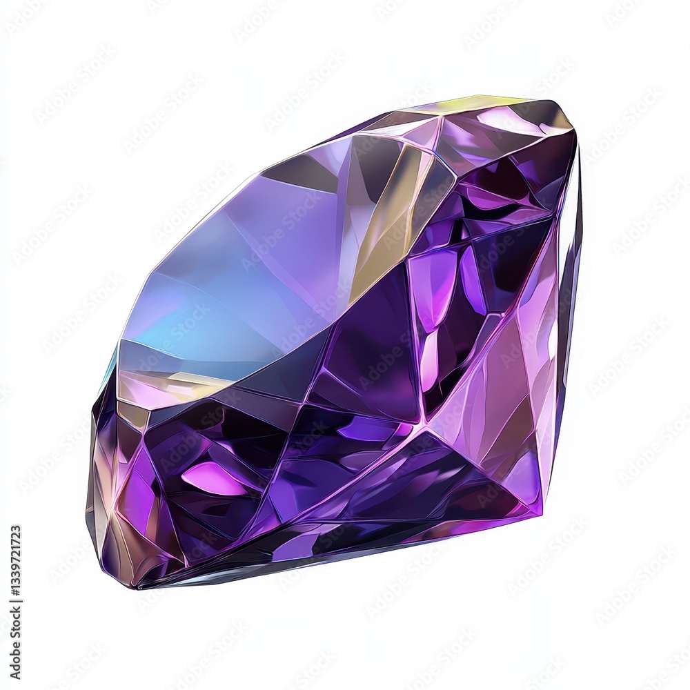 Realistic 3D cartoon icon of a deep purple tanzanite gemstone with a glossy shine on a white background Realistic 3D cartoon icon of a deep purple tanzanite gemstone with a glossy shine on a white background