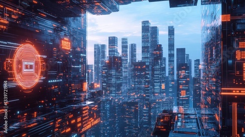 Futuristic Cityscape With Glowing Neon Lights And Digital Architecture At Night