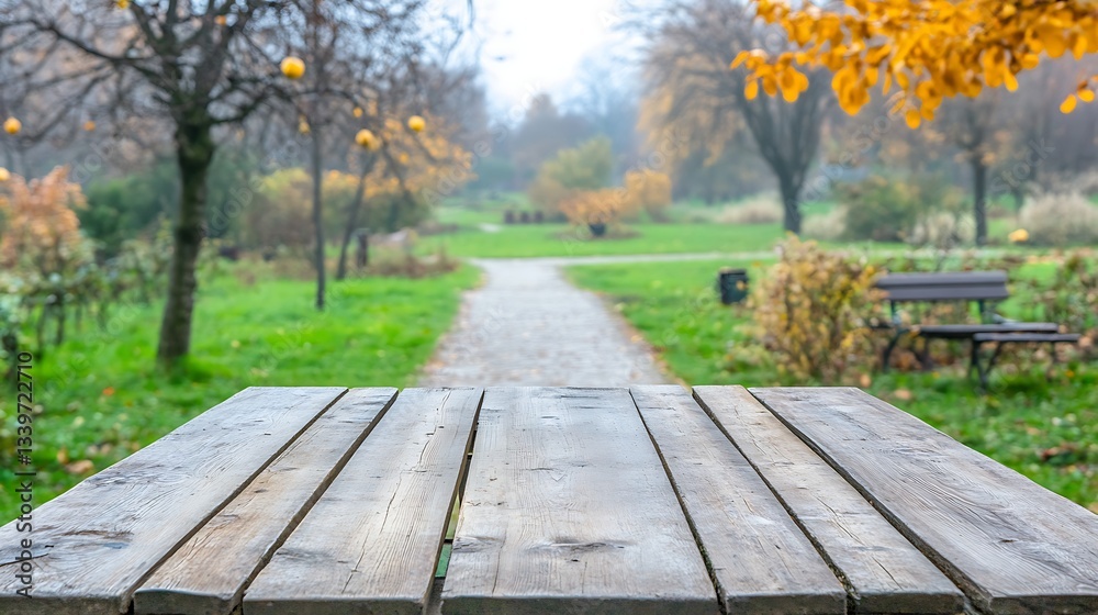 Wooden table in park, empty, with autumn background Wooden table in park, empty, with autumn background