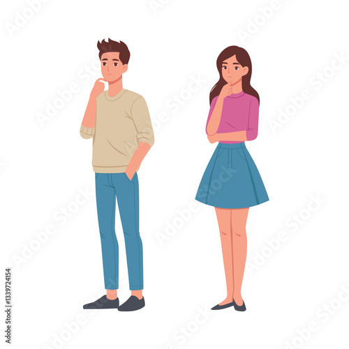 young woman and man thinking. Man and Woman Pondering Ideas, Couple Thinking, Flat style cartoon vector illustration