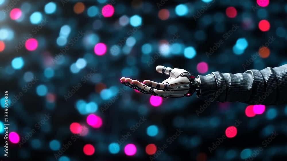Futuristic robotic hand reaching out against a colorful bokeh background with vibrant lights