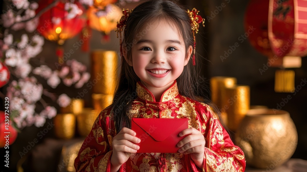 A sweet girl smiles brightly, holding a red envelope to celebrate the Chinese New Year.