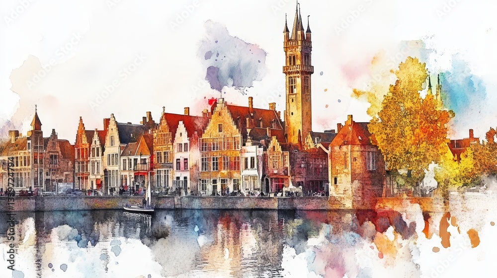 Fototapeta premium Watercolor Bruges Belgium Cityscape - Charming watercolor painting of Bruges, Belgium. Symbolizing European charm, historic architecture, canal beauty, autumn ambiance, and artistic expression