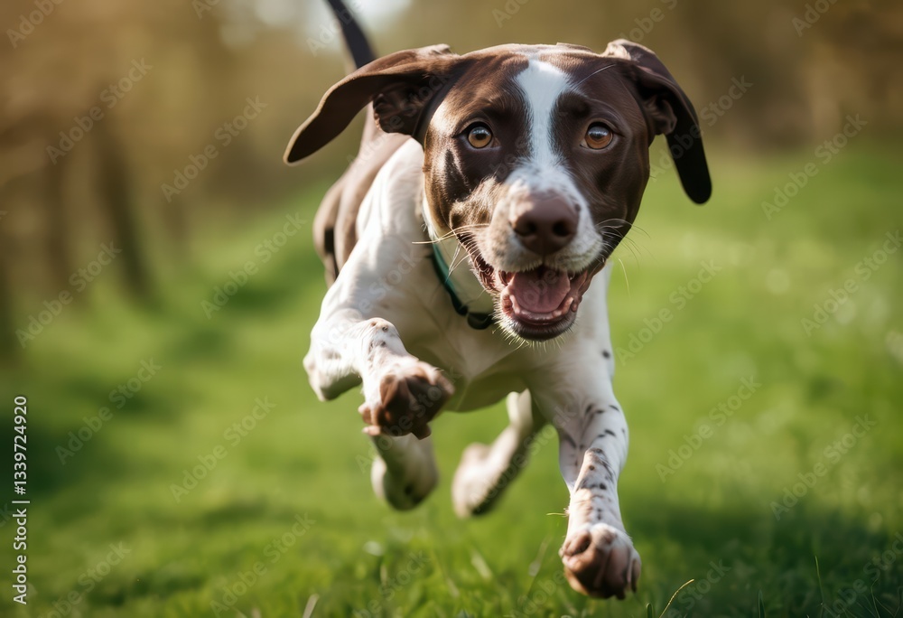Italian Pointer running in the countryside on green grass, doggy playing outdoors in the nature on meadown Italian Pointer running in the countryside on green grass, doggy playing outdoors in the nature on meadown