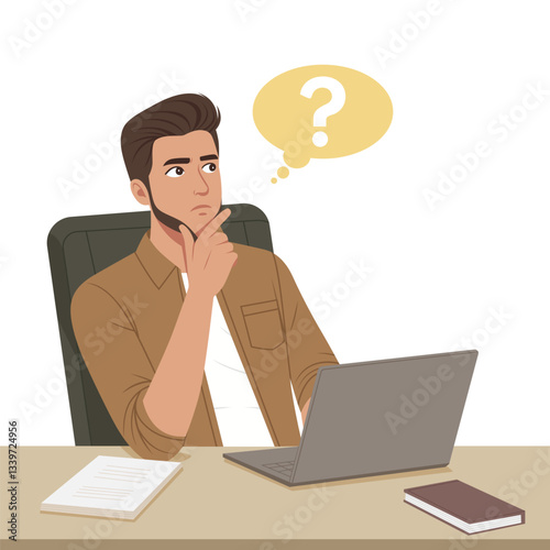 Vector of a Man Thinking While Working on Laptop in Office, business vector concept