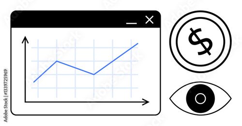 Line graph in a browser window, dollar icon, and eye symbolizing financial growth, profit analysis, monitoring, funding, investment, strategy and planning. Ideal for data-focused flat simple