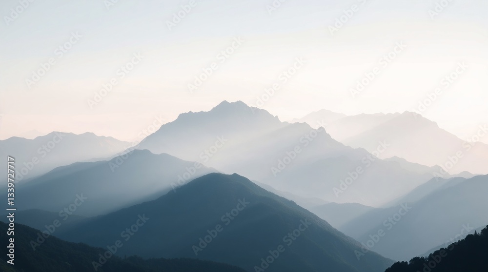 Obraz premium Seamless color blend in a misty mountain landscape with soft gradients, copy space