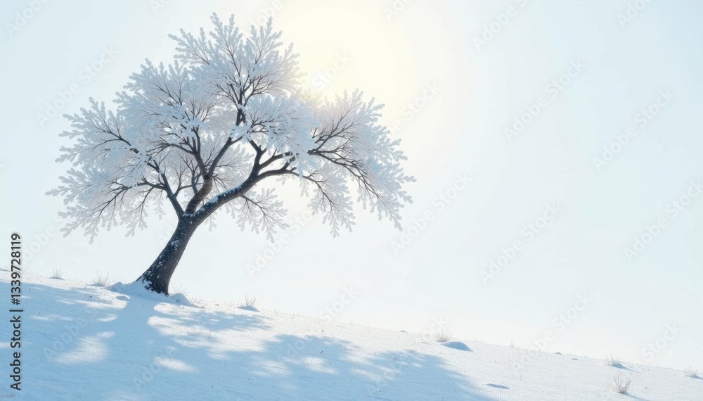 A solitary willow branch stretching towards the light on a snowy white canvas, icy, snow A solitary willow branch stretching towards the light on a snowy white canvas, icy, snow