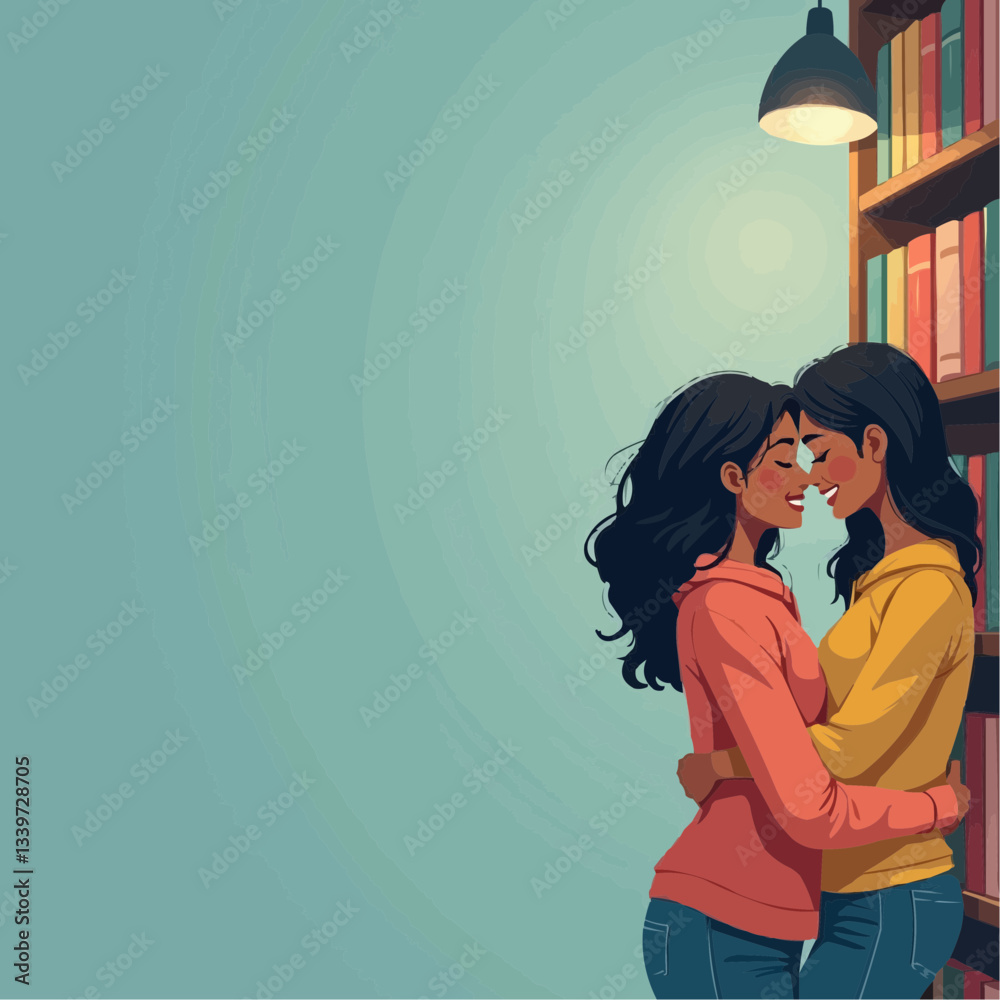 Two women embracing affectionately in a cozy library setting with bookshelves and soft lighting Two women embracing affectionately in a cozy library setting with bookshelves and soft lighting