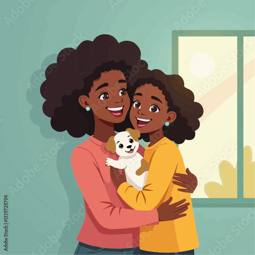 Warm illustration of a mother and daughter with a puppy in a cozy indoor setting