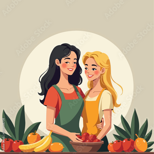 Cheerful illustration of two women with a fruit bowl and colorful background