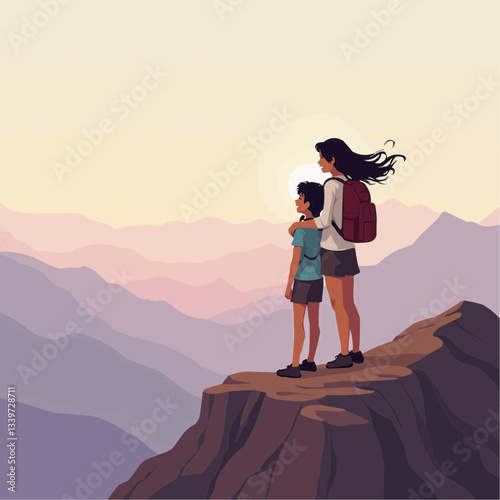 Mother and son enjoying a serene moment together on a mountain peak with a soft sunset backdrop vector
