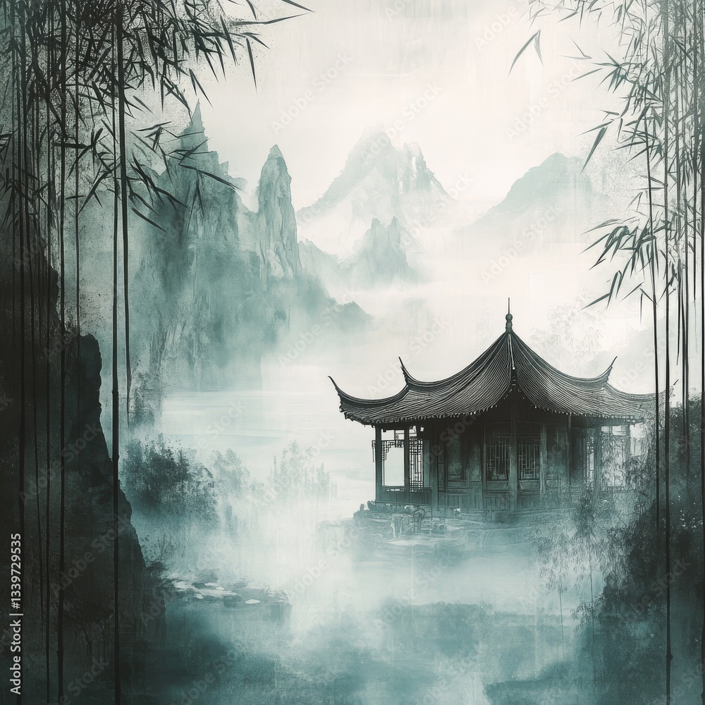 A Tranquil Temple Amidst Misty Mountains and Bamboo Forest, Embodying Serenity and Ancient Asian Traditions A Tranquil Temple Amidst Misty Mountains and Bamboo Forest, Embodying Serenity and Ancient Asian Traditions