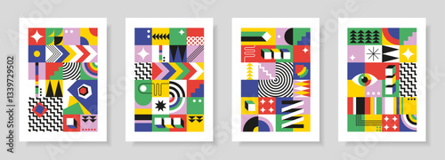 Abstract set with posters in retro bauhaus flat style. Vector illustration. Colorful designs with simple geometric shapes. Designs in retro style. Seamless pattern collection. 
