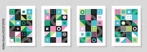 Abstract set with posters in retro bauhaus flat style. Vector illustration. Colorful designs with simple geometric shapes. Designs in retro style. Seamless pattern collection. 
