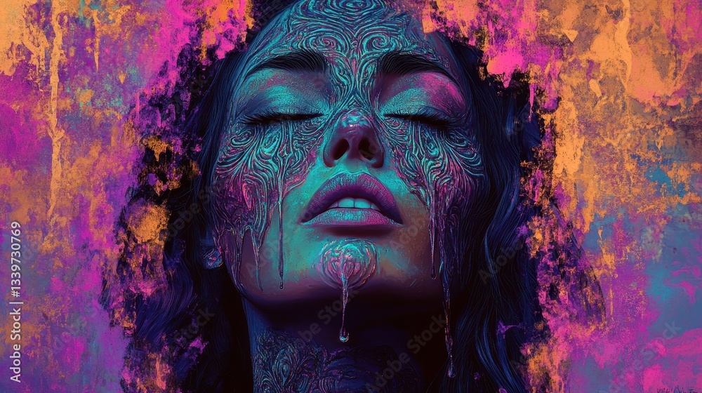 Fototapeta premium A beautiful woman with patterned skin and closed eyes is depicted