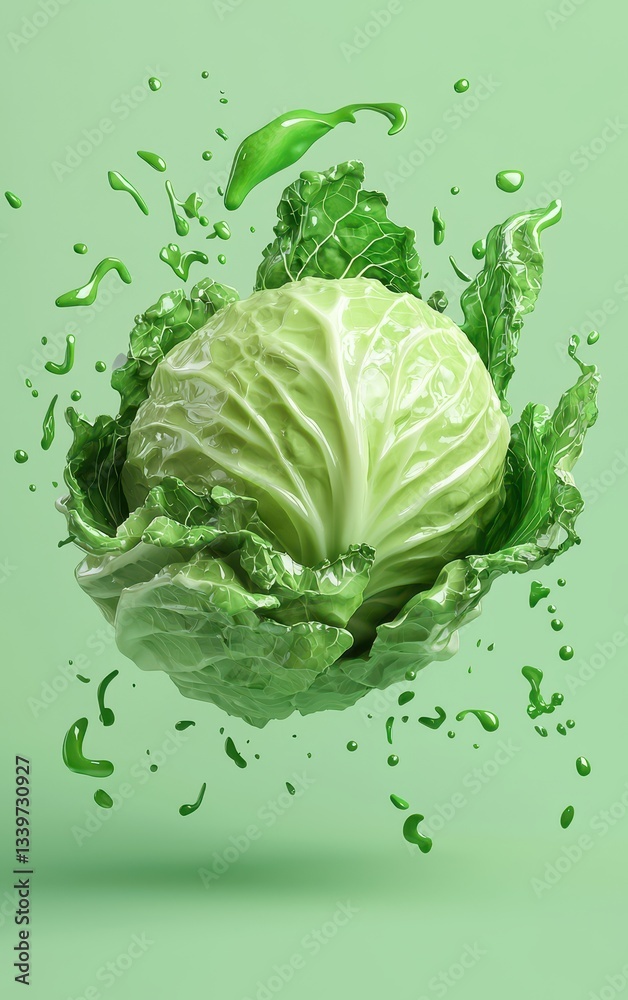 Obraz premium Flying cabbage with splashes, isolated on a soft green background