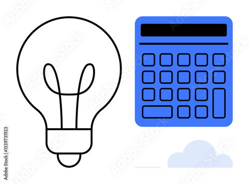 Light bulb next to calculator with a cloud element symbolizing creativity, logic, and efficiency. Ideal for innovation, strategy, education, finance, problem-solving decision-making analysis. Flat