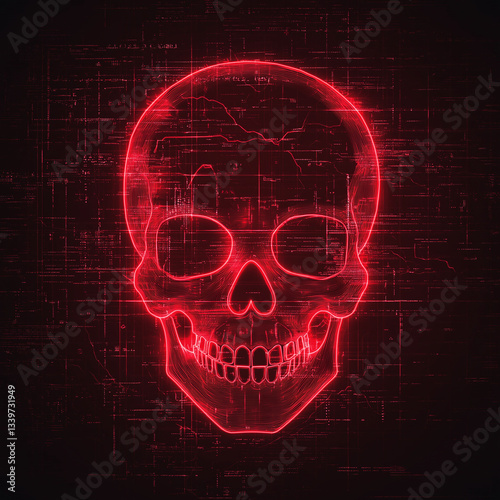 Cybersecurity Threat: Glowing Red Skull Icon, Ransomware Attack Warning, Digital Danger, Neon Skull,