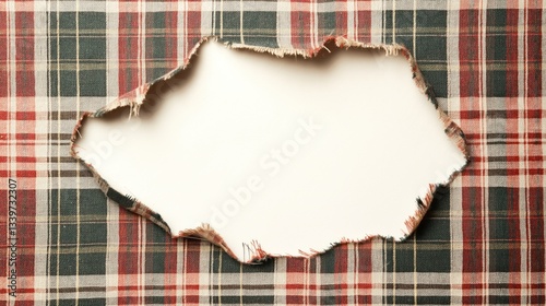 Torn plaid fabric revealing white background, empty space for text or design
