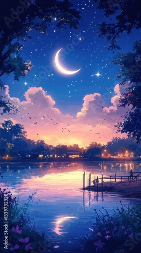 A beautiful night scene featuring a crescent moon and stars