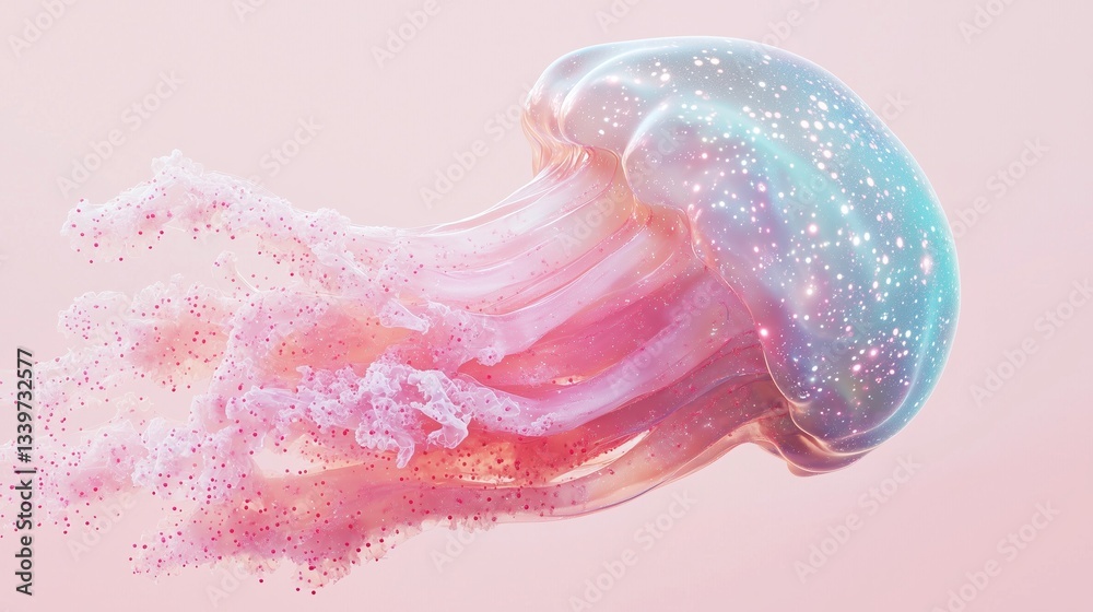 Fototapeta premium A full-body view of a giant swimming jellyfish on an empty light pink background.