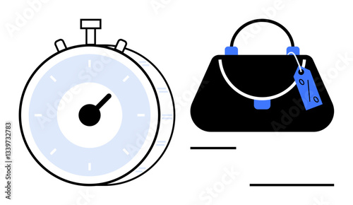 Stopwatch beside handbag labeled with price tag, suggesting time vs. value concepts. Ideal for productivity, punctuality, scheduling, cost efficiency, time value, prioritization lifestyle themes