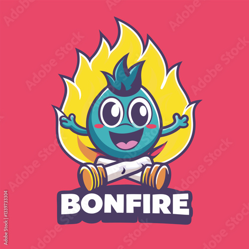 Monochrome Vector Mascot Character of a Bonfire with Fiery Flames