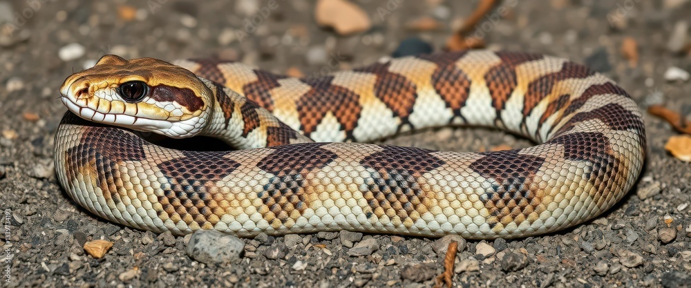 Obraz premium A western diamondback rattlesnake lacking distinct diamond patterns, exhibiting a muted, blotchy coloration, herpetofauna, wild