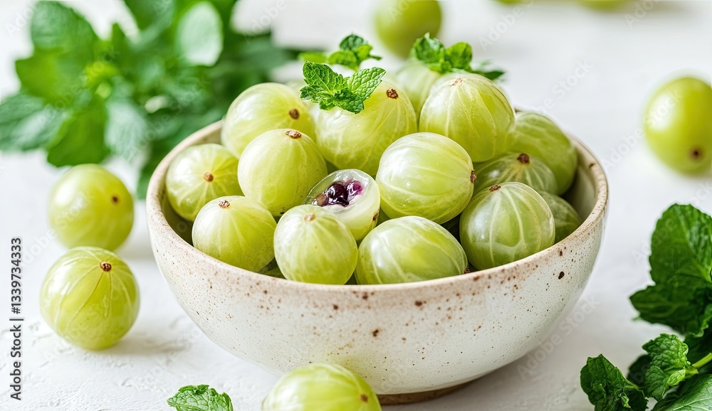 Fresh, vibrant green berries in a bowl with mint leaves Fresh, vibrant green berries in a bowl with mint leaves