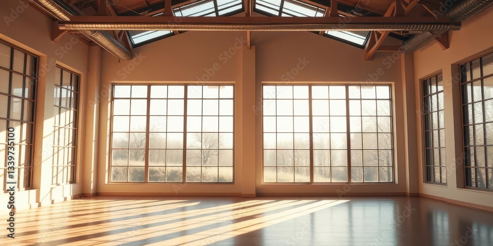 Empty room with large windows, sunlight streaming in, interior photography, airy Empty room with large windows, sunlight streaming in, interior photography, airy
