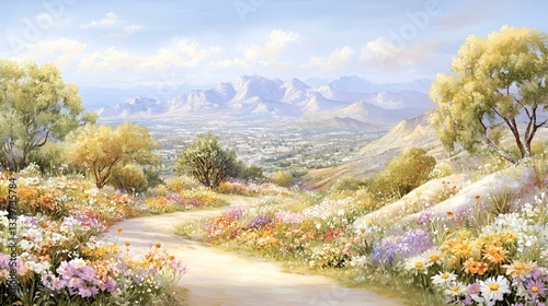 Vibrant landscape painting with blooming flowers and mountains for Earth Day and World Environment Day