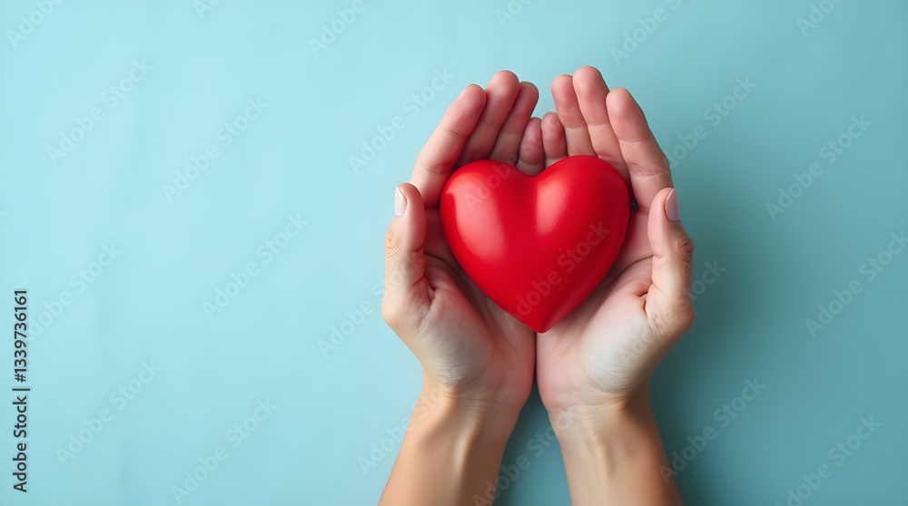 Close-Up Caring Hands Holding Red Heart - Love Health Donation Blue Close-Up Caring Hands Holding Red Heart - Love Health Donation Blue