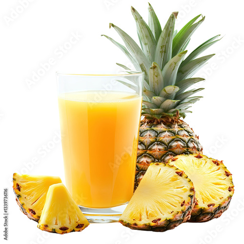 Pineapple juice and fruits isolated on transparent background. PNG. clipart.