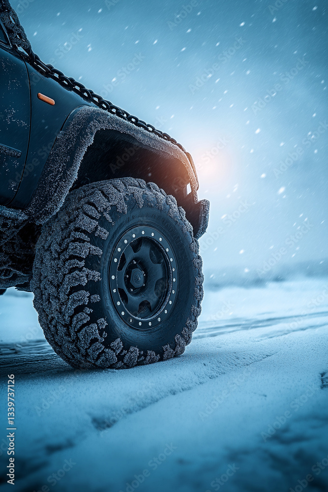 Naklejka premium Geländewagen fährt durch verschneite Landschaft