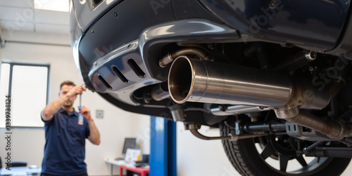 Mechanic inspecting car exhaust system during emission testing for automotive blogs, environmental compliance content, and automotive service marketing