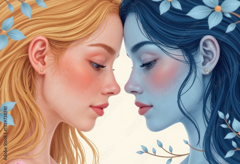 Obraz premium A captivating illustration of two women with contrasting features and colors